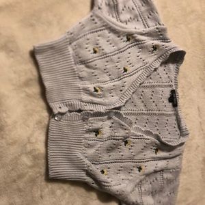 Knit crop cardigan, blue with yellow flowers, Size Small, made in china